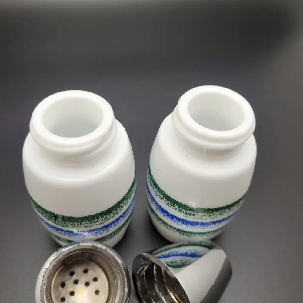 Vintage Gemco 70s Salt Pepper Shakers Stripe Chrome Top Retro Kitchen MCM